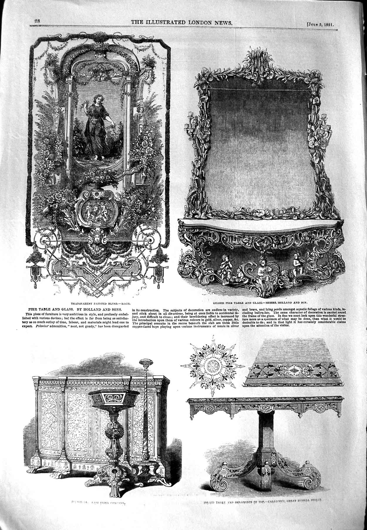 Original Old Antique Print 1851 Furniture Painted Blind Furniture Table Glass