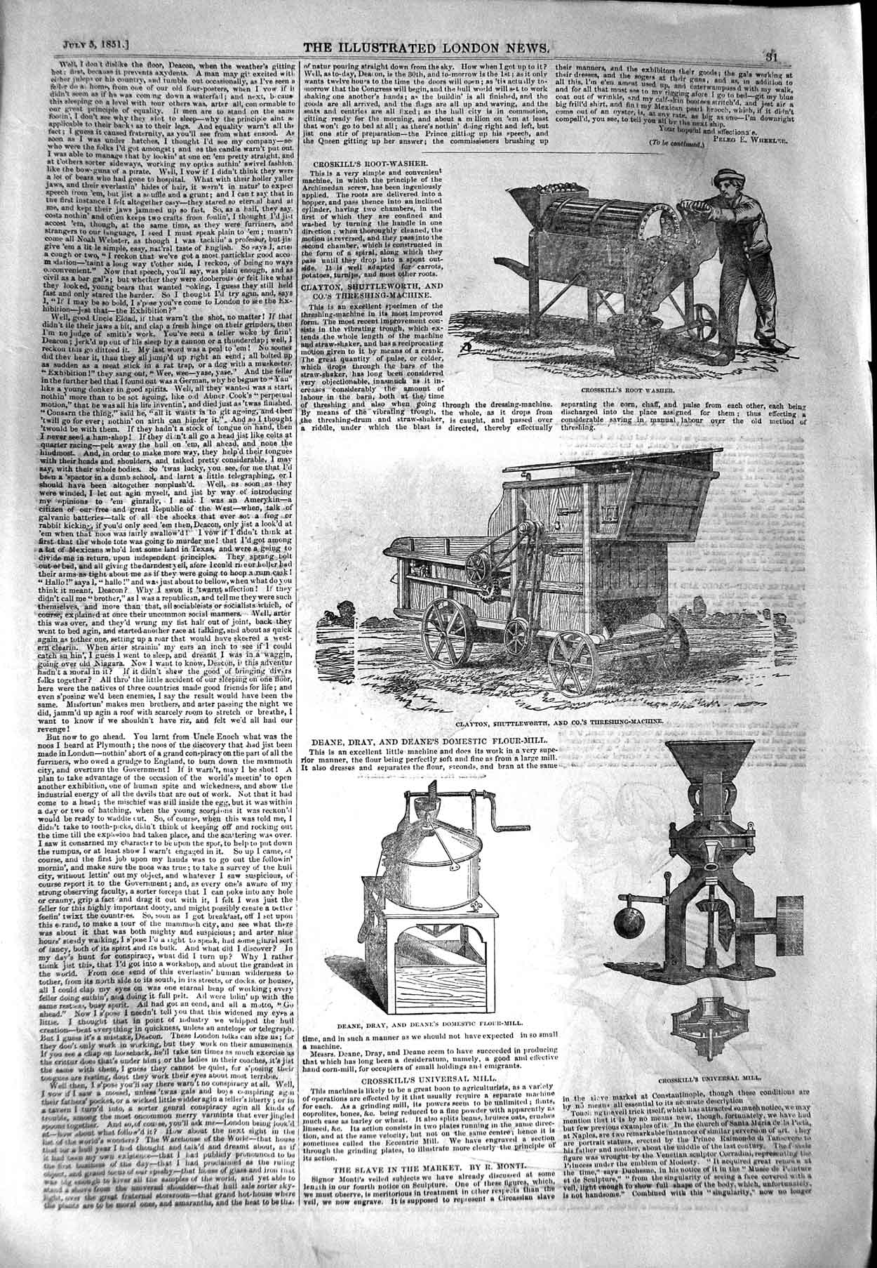 Original Old Antique Print 1851 Crosskill Root Washer Clayton Farming Sculpture