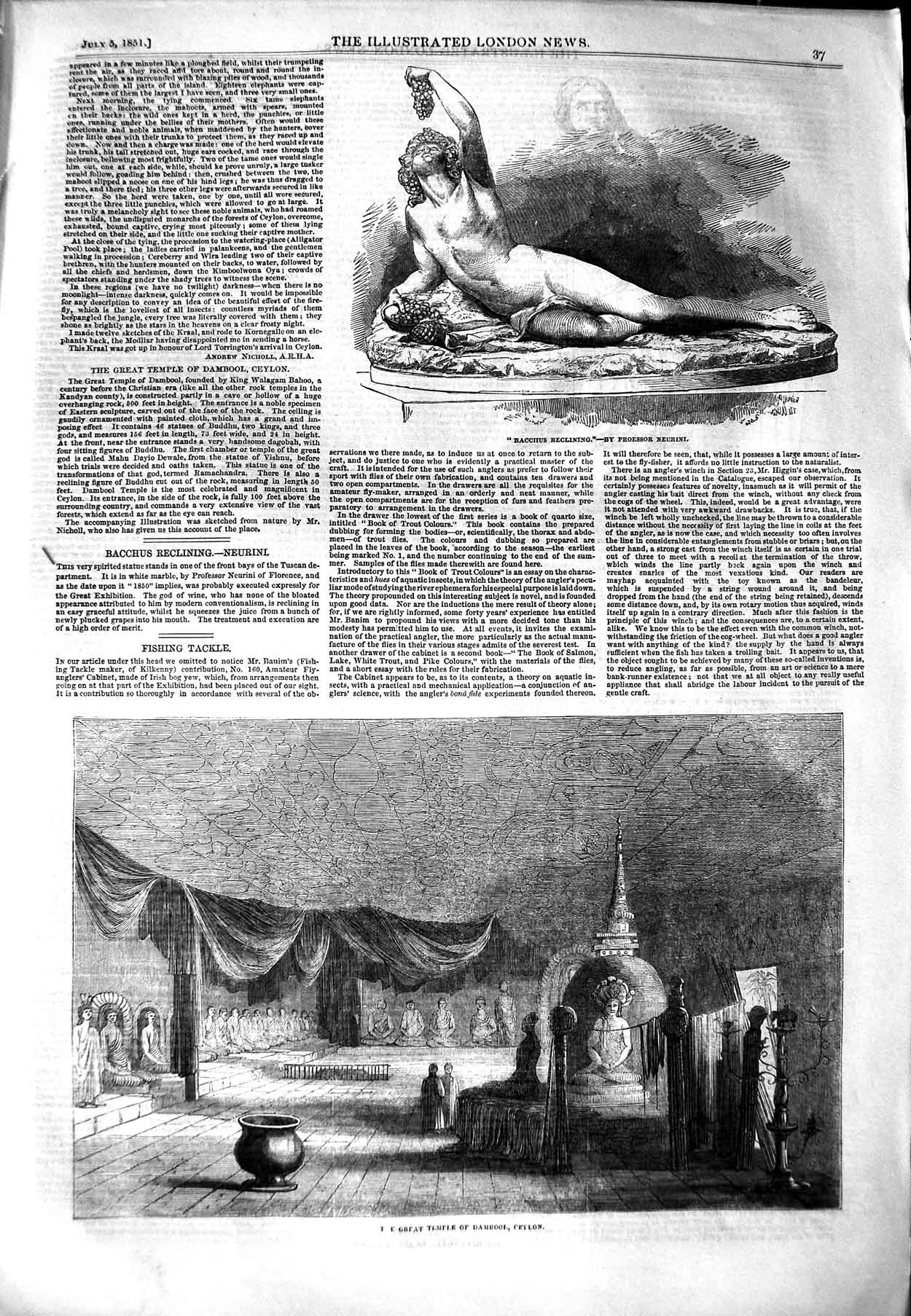 Old Antique Print 1851 Statue Bacchus Great Temple Dambool Ceylon India 19th