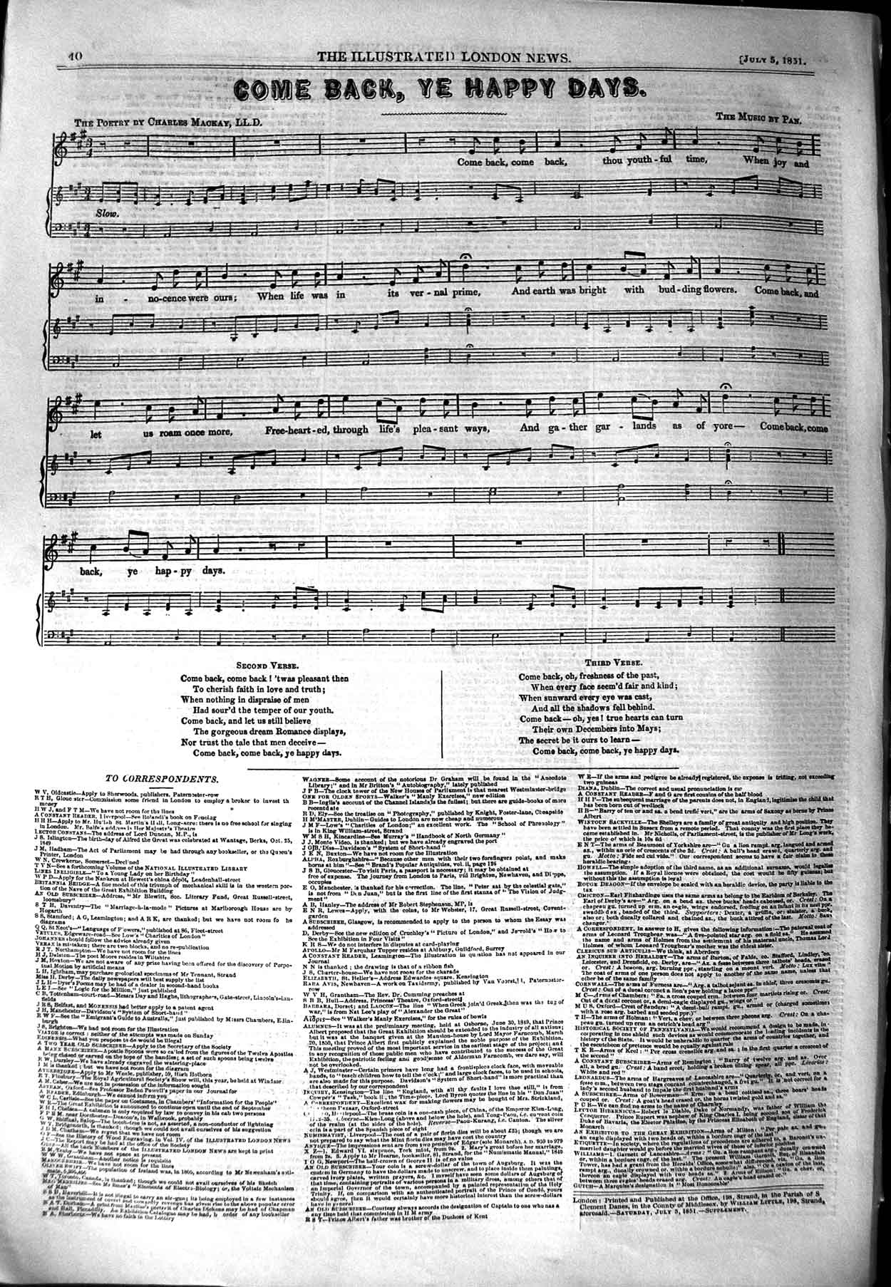 Original Old Antique Print 1851 Sheet Music Come Back Happy Days Charles Mackay