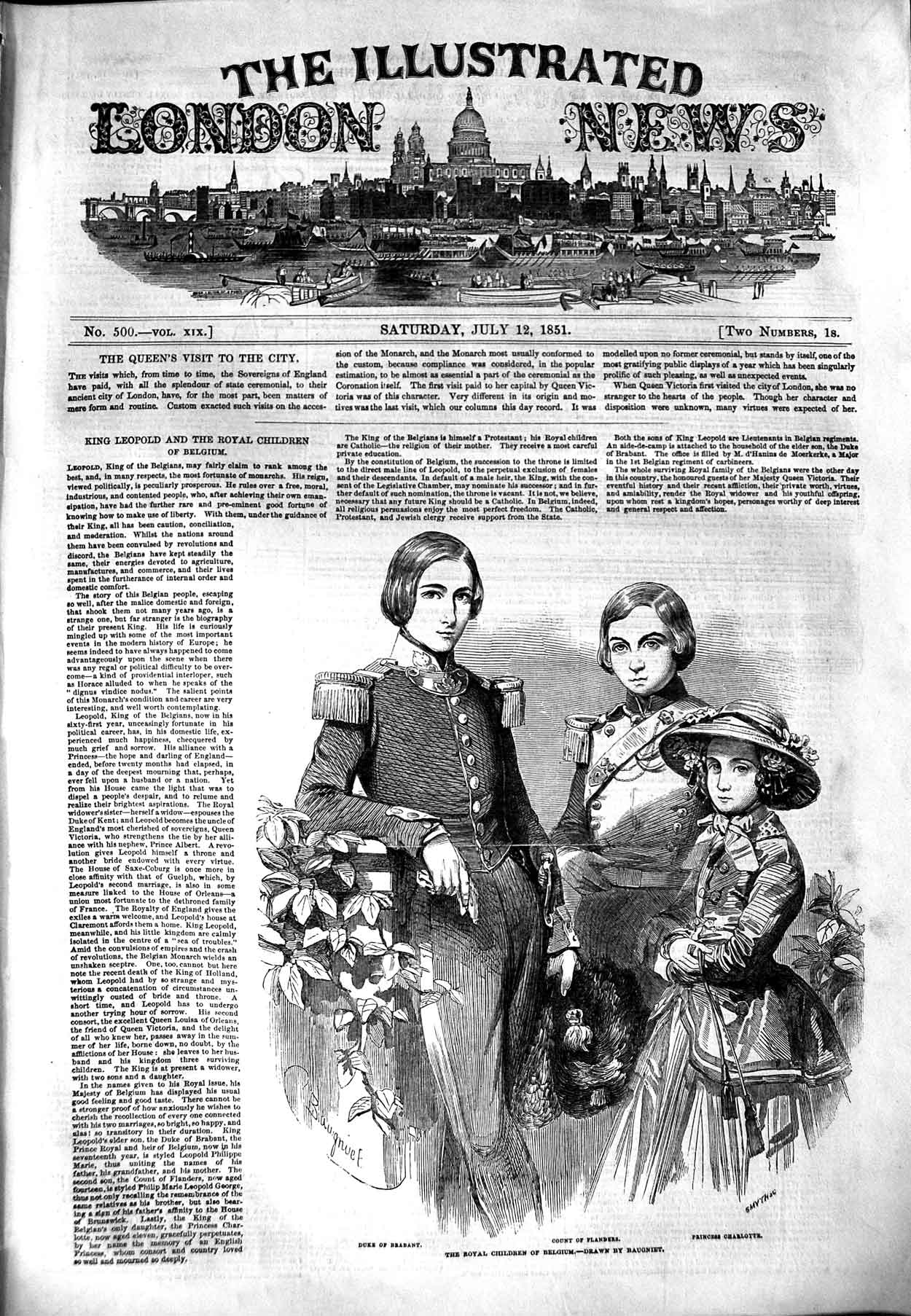 Original Old Antique Print 1851 Royal Children Belgium Flanders Brabant Ch 19th