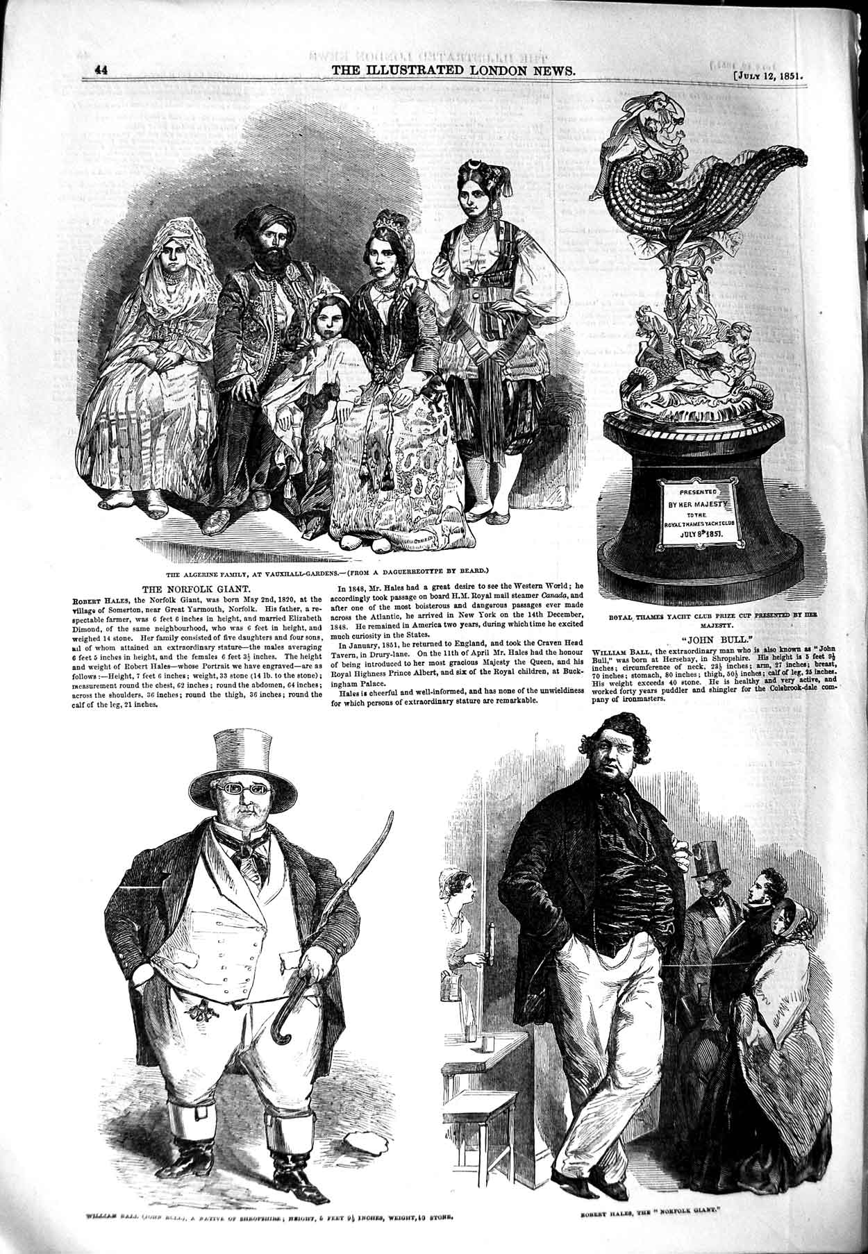 Original Old Antique Print 1851 Algerine Family William Ball Robert Hales Giant