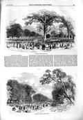 Original Old Antique Print 1851 Kensington Gardens Band Broad Walk Victorian