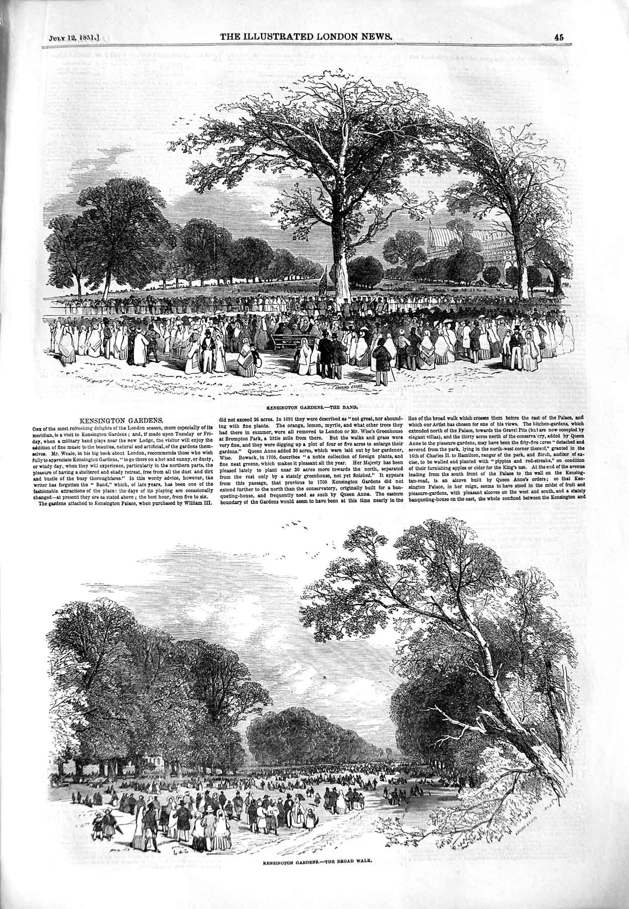 Original Old Antique Print 1851 Kensington Gardens Band Broad Walk Victorian