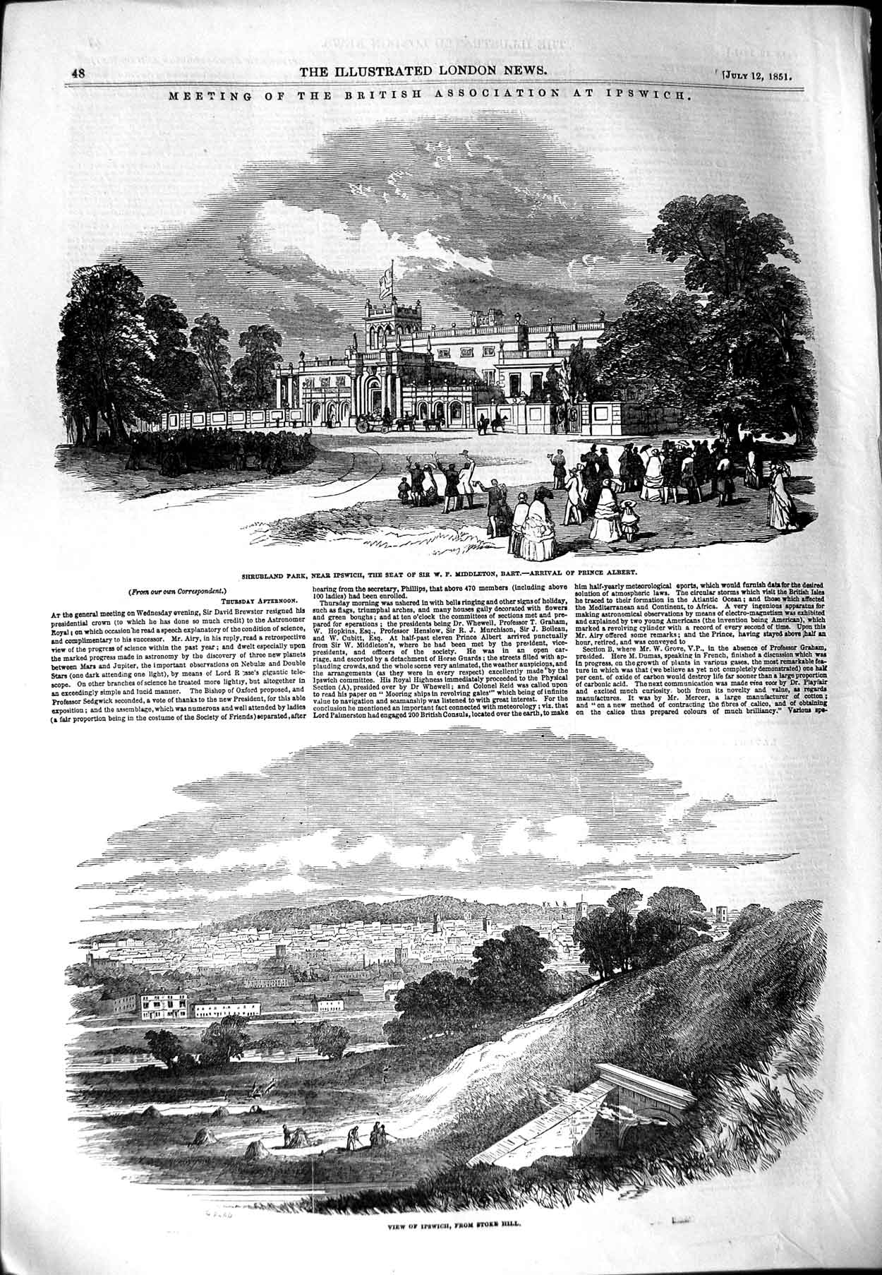 Original Old Antique Print 1851 Shrubland Park Ipswich Stoke Hill Prince Albert