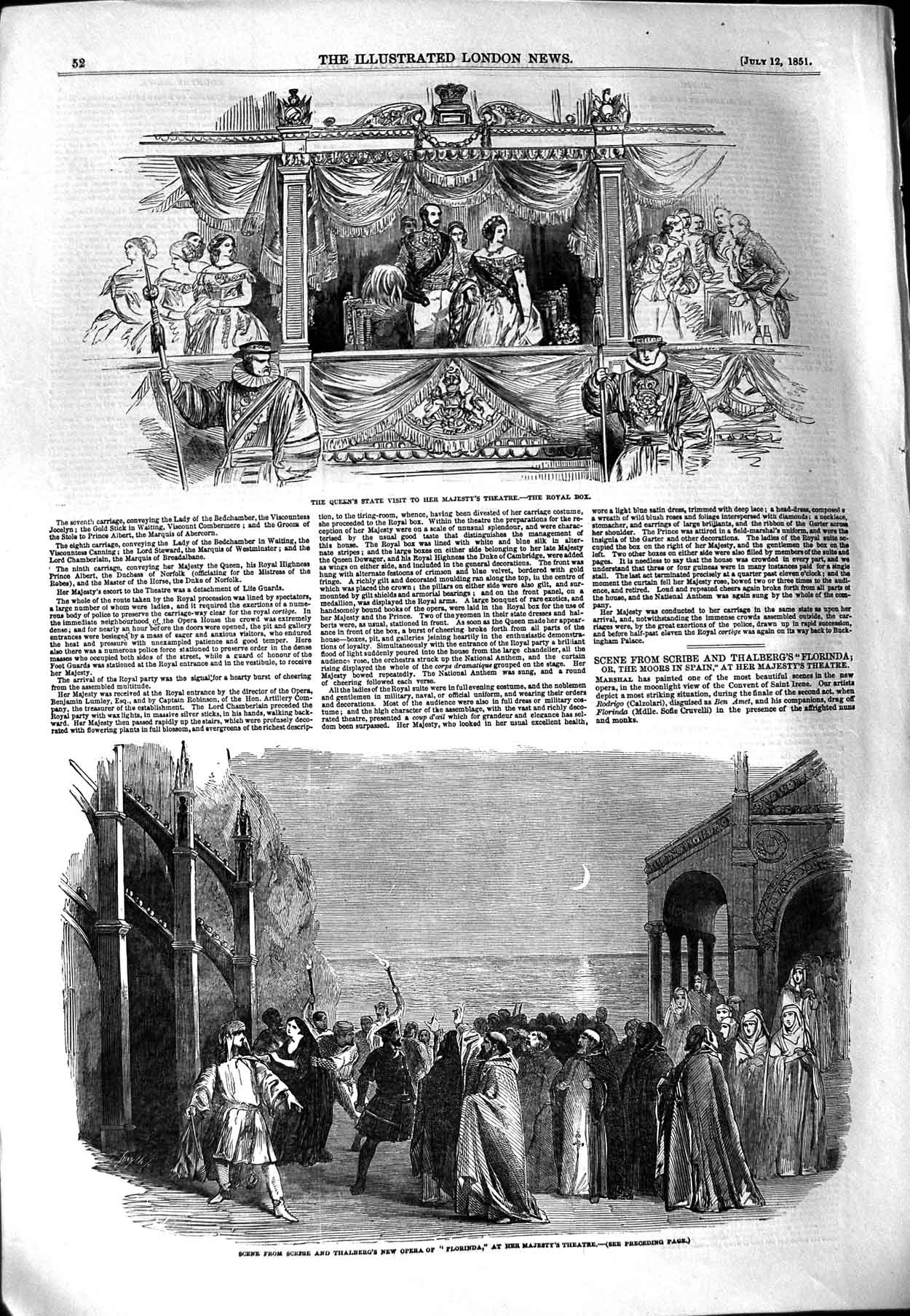 Original Old Antique Print 1851 Queen Majesty Theatre Royal Box Opera Florinda
