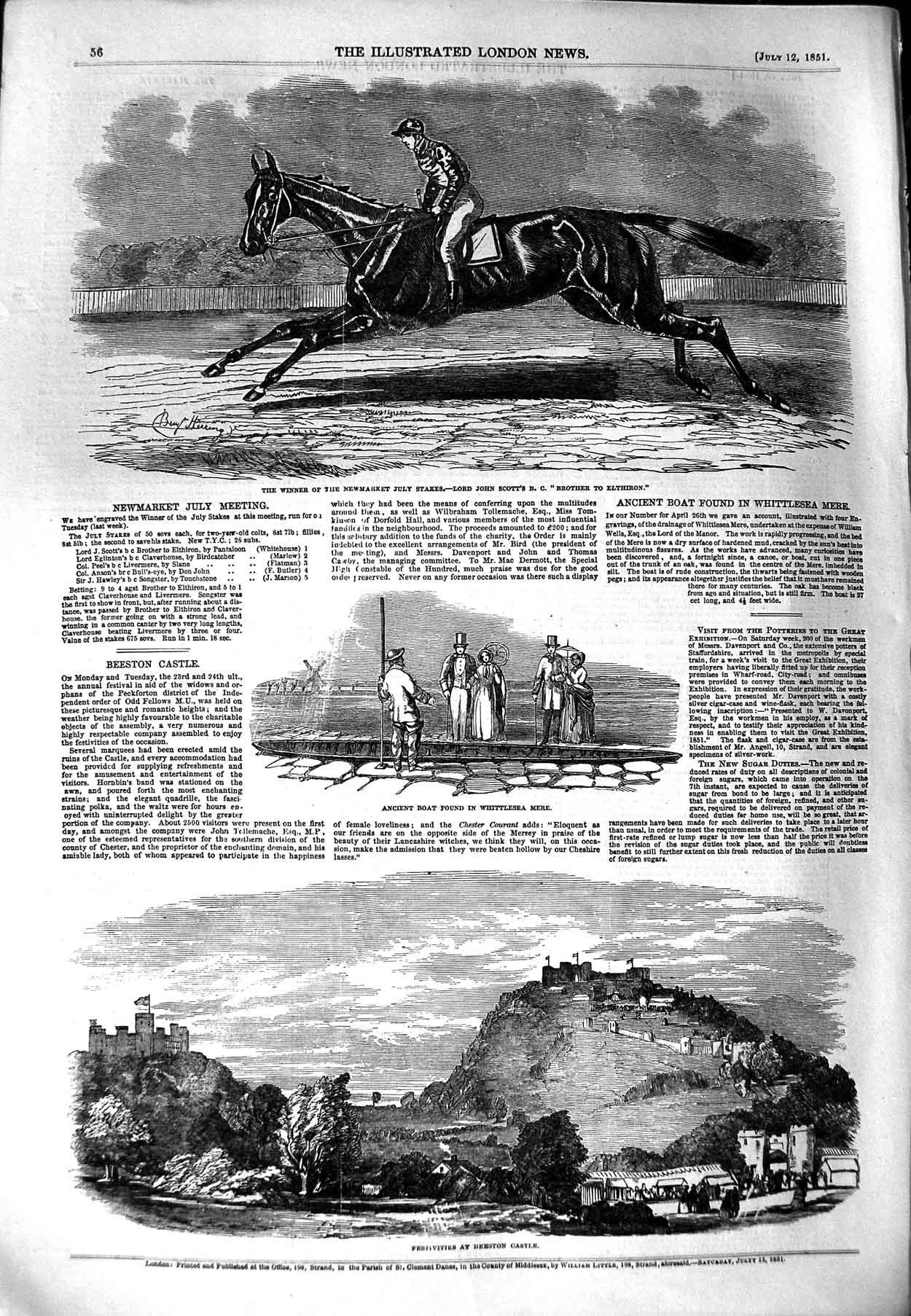 Original Old Antique Print 1851 Horse Brother Elthiron Newmarket Beeston Castle