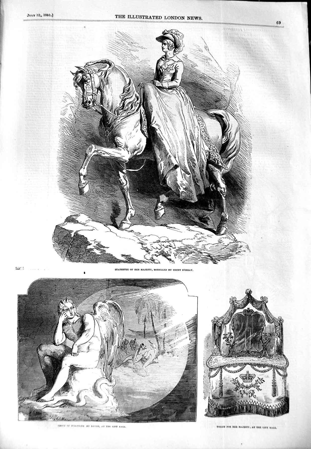 Old Antique Print 1851 Statue Queen D'Orsay Lough Toilet Ciry Ball London 19th