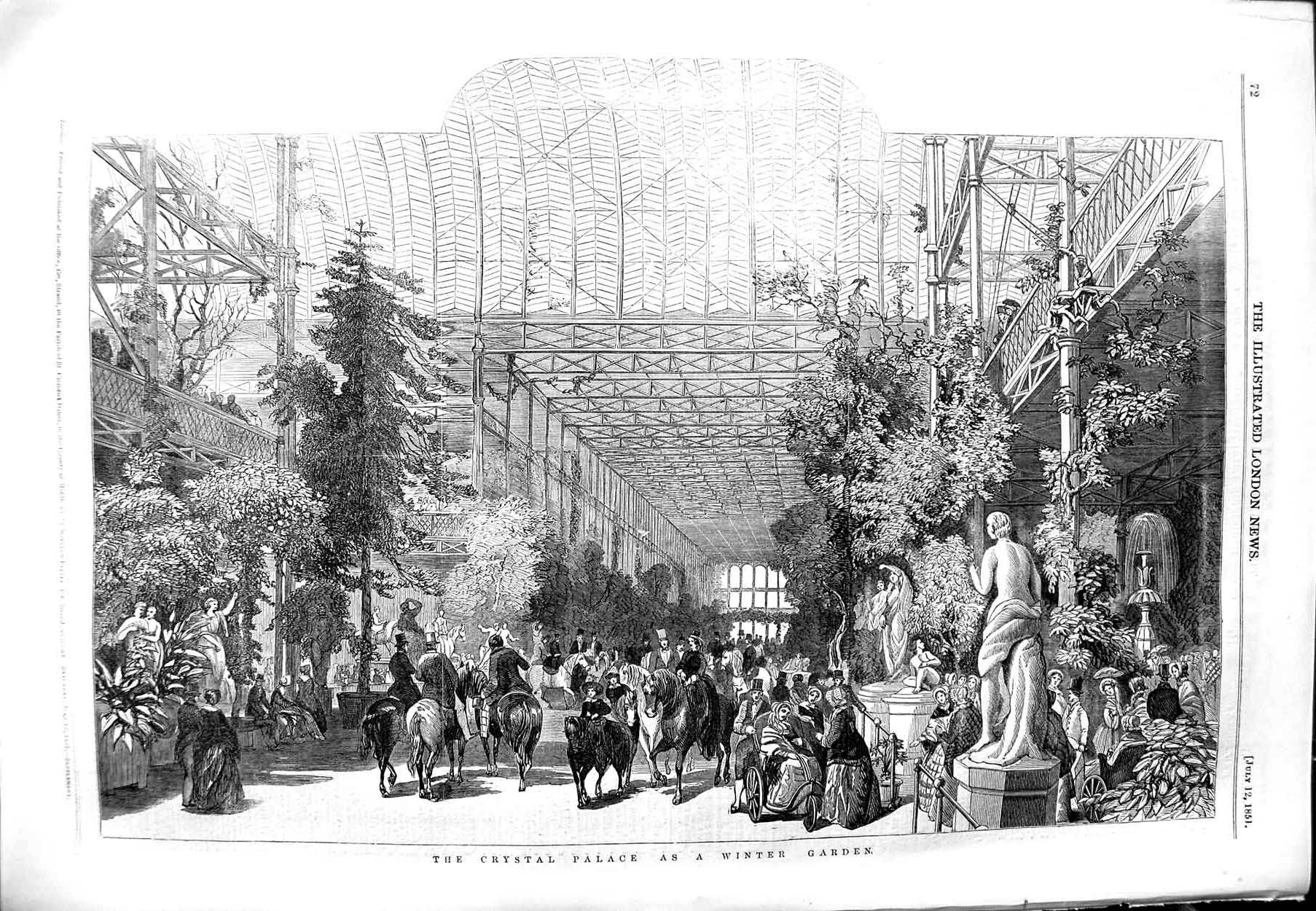 Original Old Antique Print 1851 Crystal Palace Winter Garden Sculpture Horses