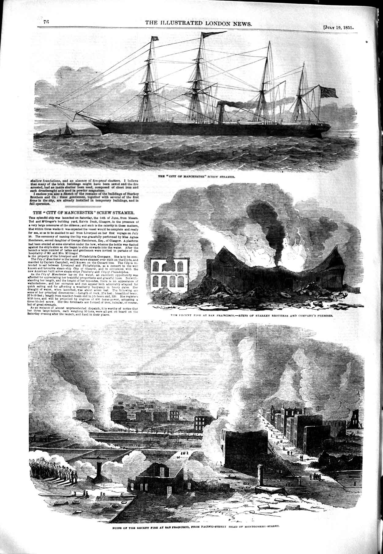 Original Old Antique Print 1851 City Manchester Ship Fire San Francisco 19th