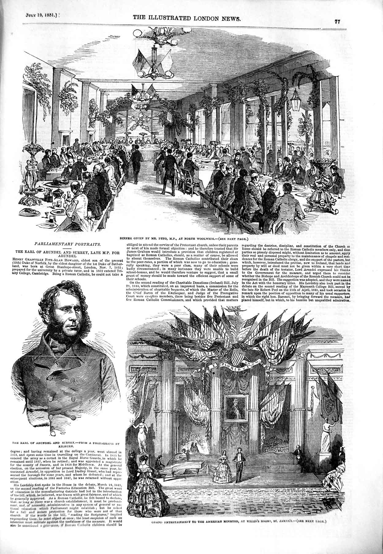 Original Old Antique Print 1851 Dinne Peto Woolwich Earl Arundel Willis Rooms