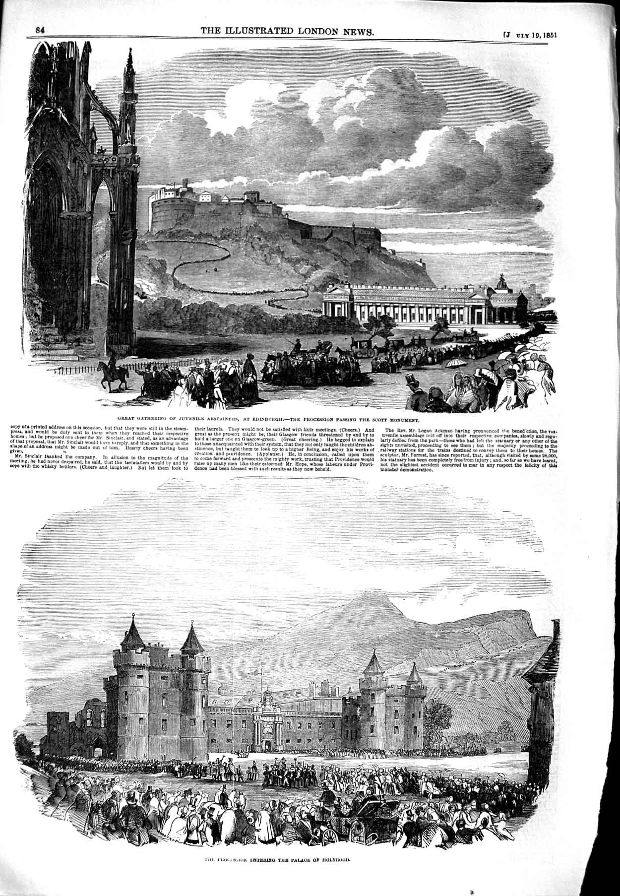 Original Old Antique Print 1851 Scott Monument Juvenile Abstainers Edinburgh