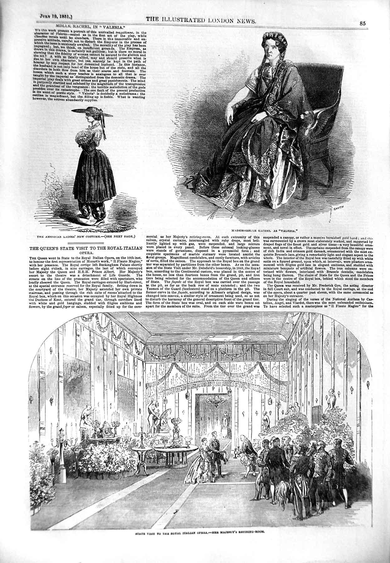 Original Old Antique Print 1851 Royal Italian Opera Queen Le Rachel Valeria