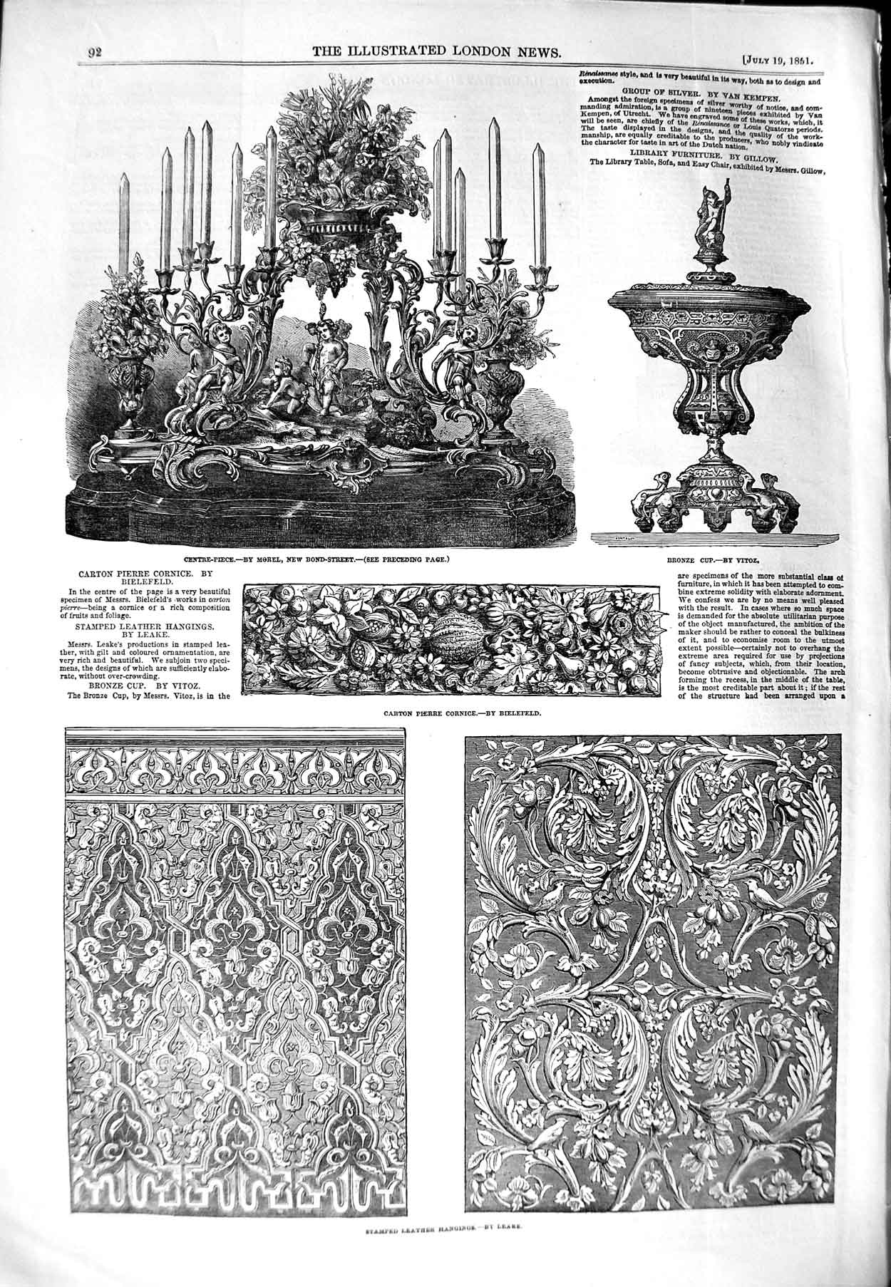 Old Antique Print 1851 Stamped Leather Hangings Cornice Bronze Cup Morel 19th
