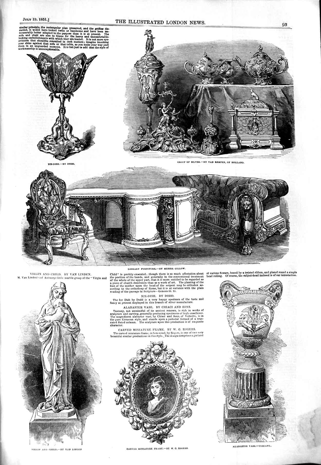 Original Old Antique Print 1851 Virgin Child Statue Silver Furniture Alabaster