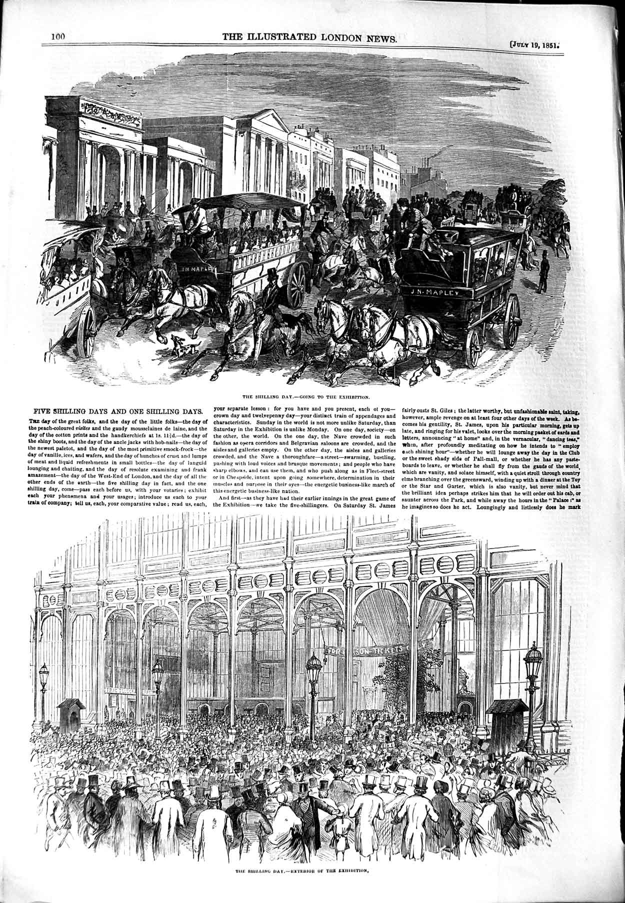 Old Antique Print 1851 Five Shilling Day Great Exhibition Horses Carriage 19th
