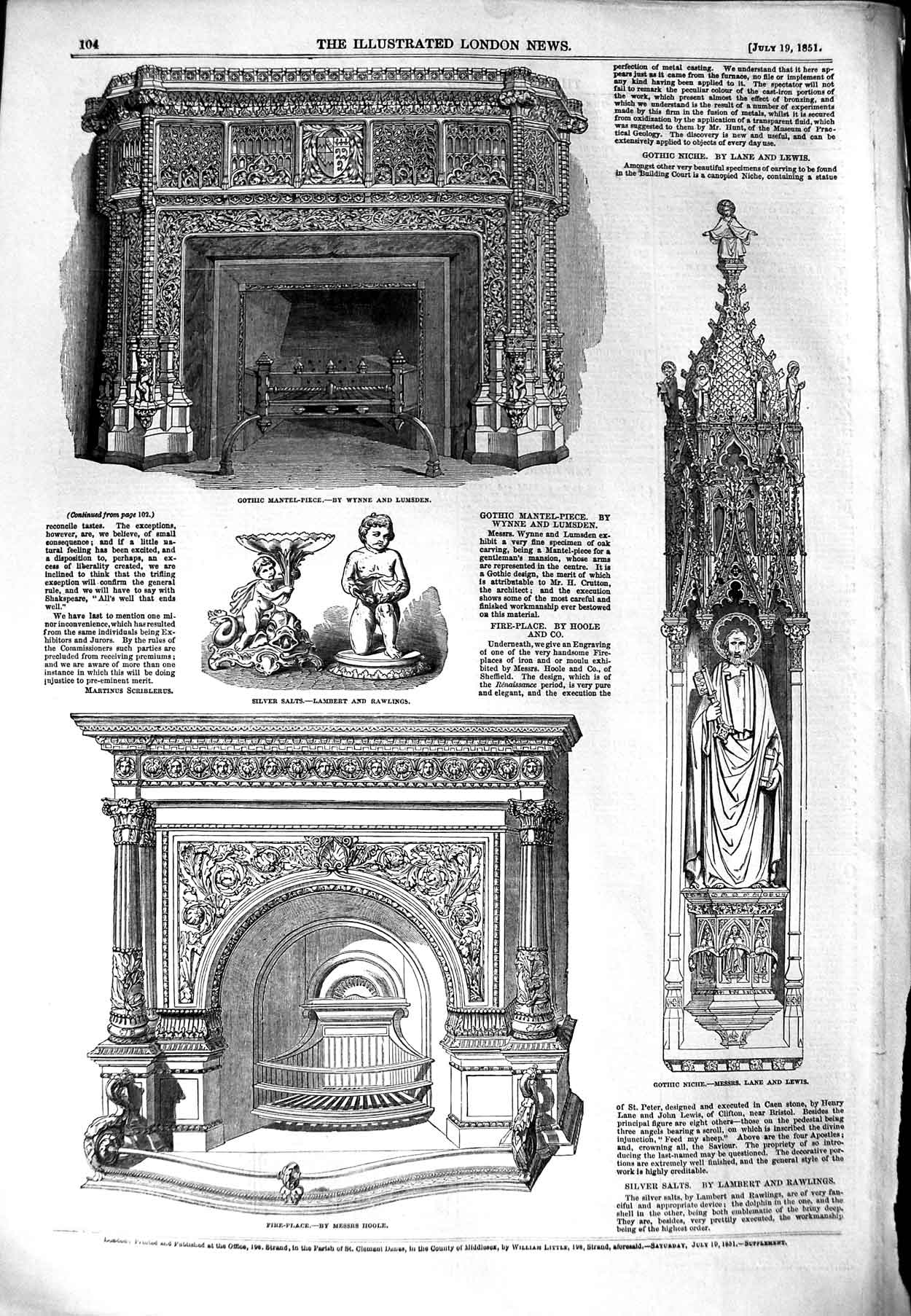 Old Antique Print 1851 Furniture Mantel-Piece Gothic Niche Silver Salts 19th