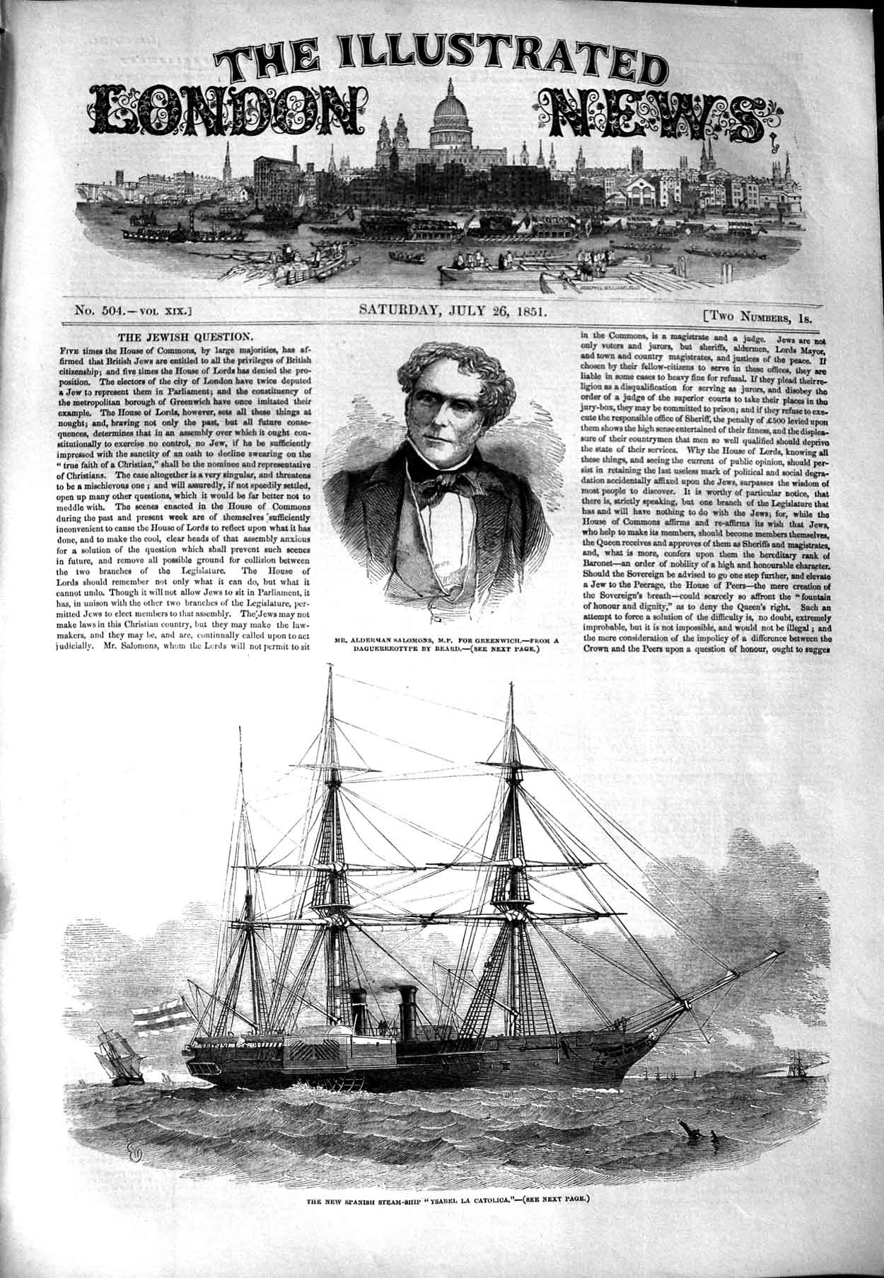 Original Old Antique Print 1851 Alderman Salomons Spanish Ship Ysabel C 19th