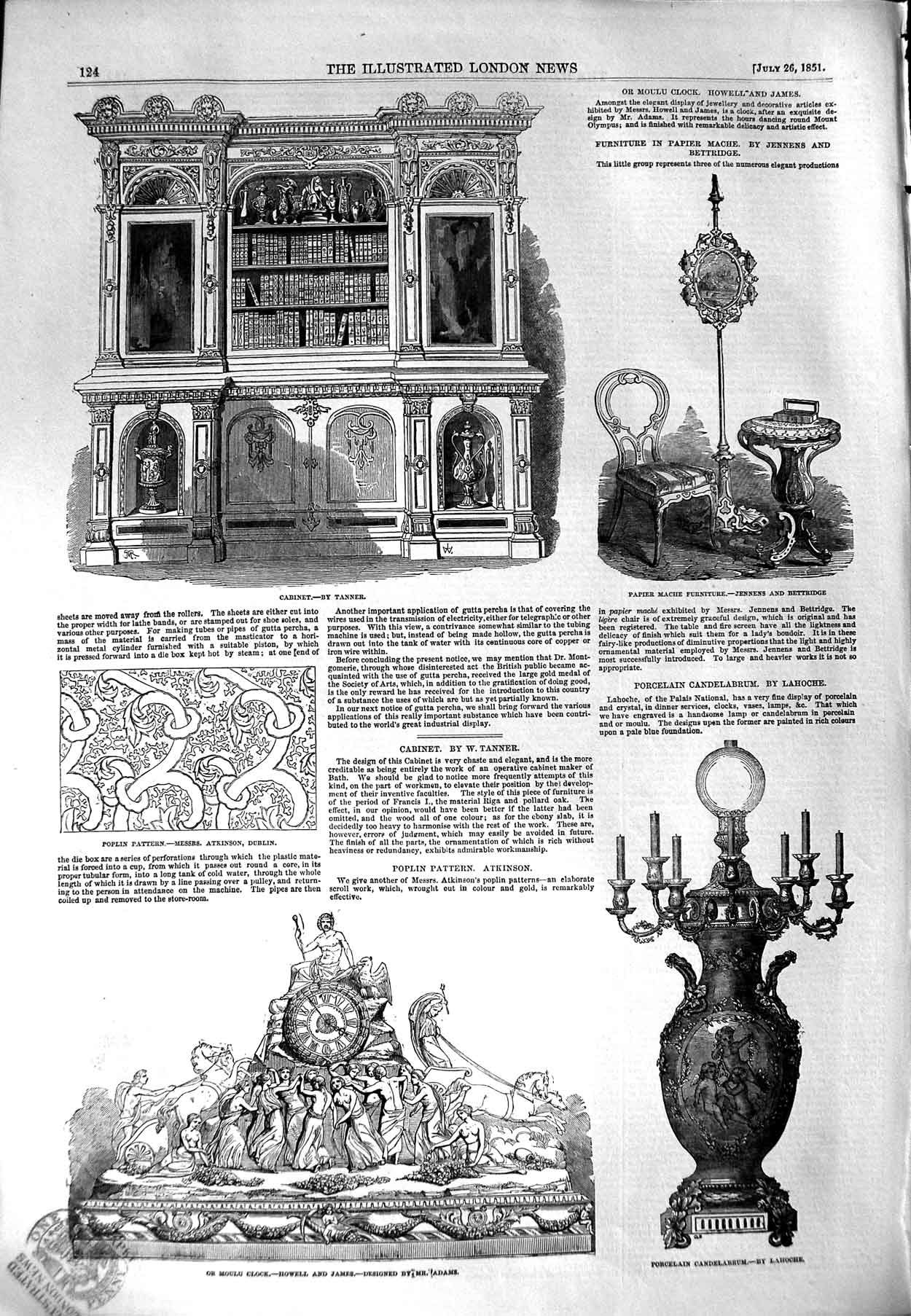 Original Old Antique Print 1851 Cabinet Furniture Moulo Clock Candelabrum Mache