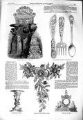 Old Antique Print 1851 Malachite Door Vases Diamond Ruby Stomacher Clock 19th