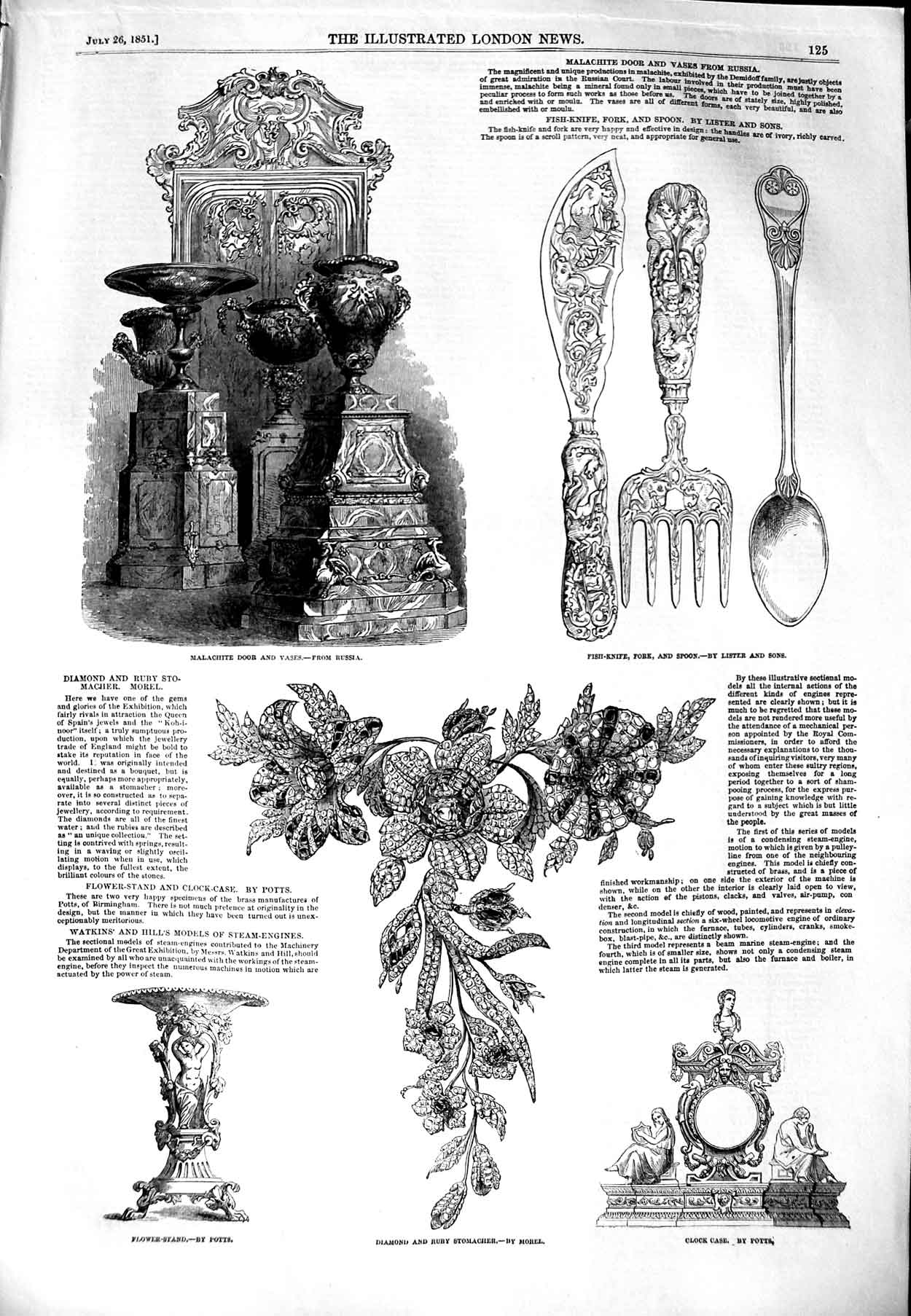 Old Antique Print 1851 Malachite Door Vases Diamond Ruby Stomacher Clock 19th
