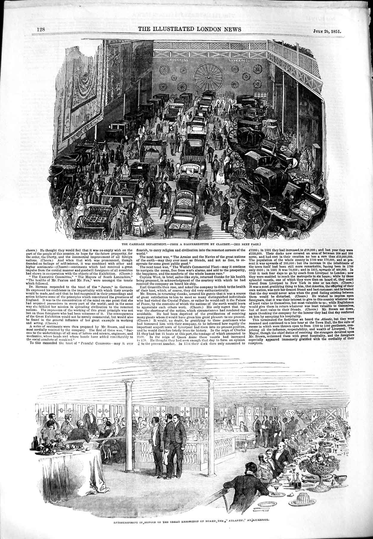 Original Old Antique Print 1851 Carriage Department Ship Atlantic Liverpool