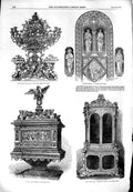 Original Old Antique Print 1851 Furniture Cabinet Stained Window Centre-Piece