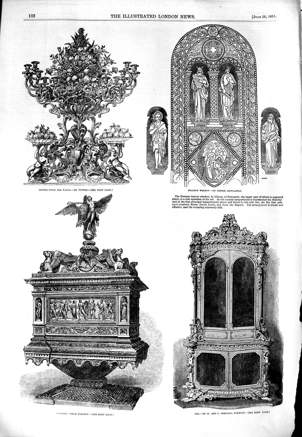Original Old Antique Print 1851 Furniture Cabinet Stained Window Centre-Piece