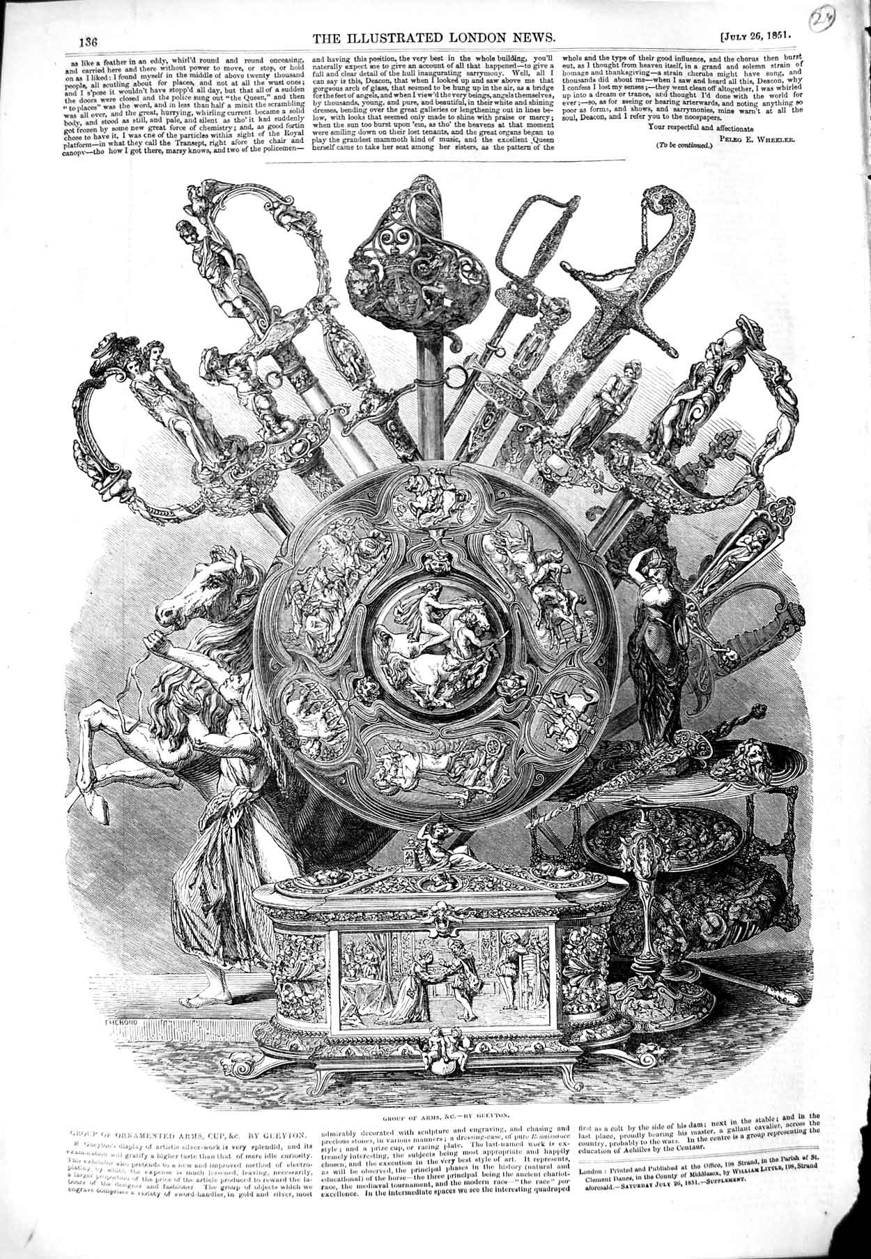 Original Old Antique Print 1851 Group Ornamented Arms Weapons 19th