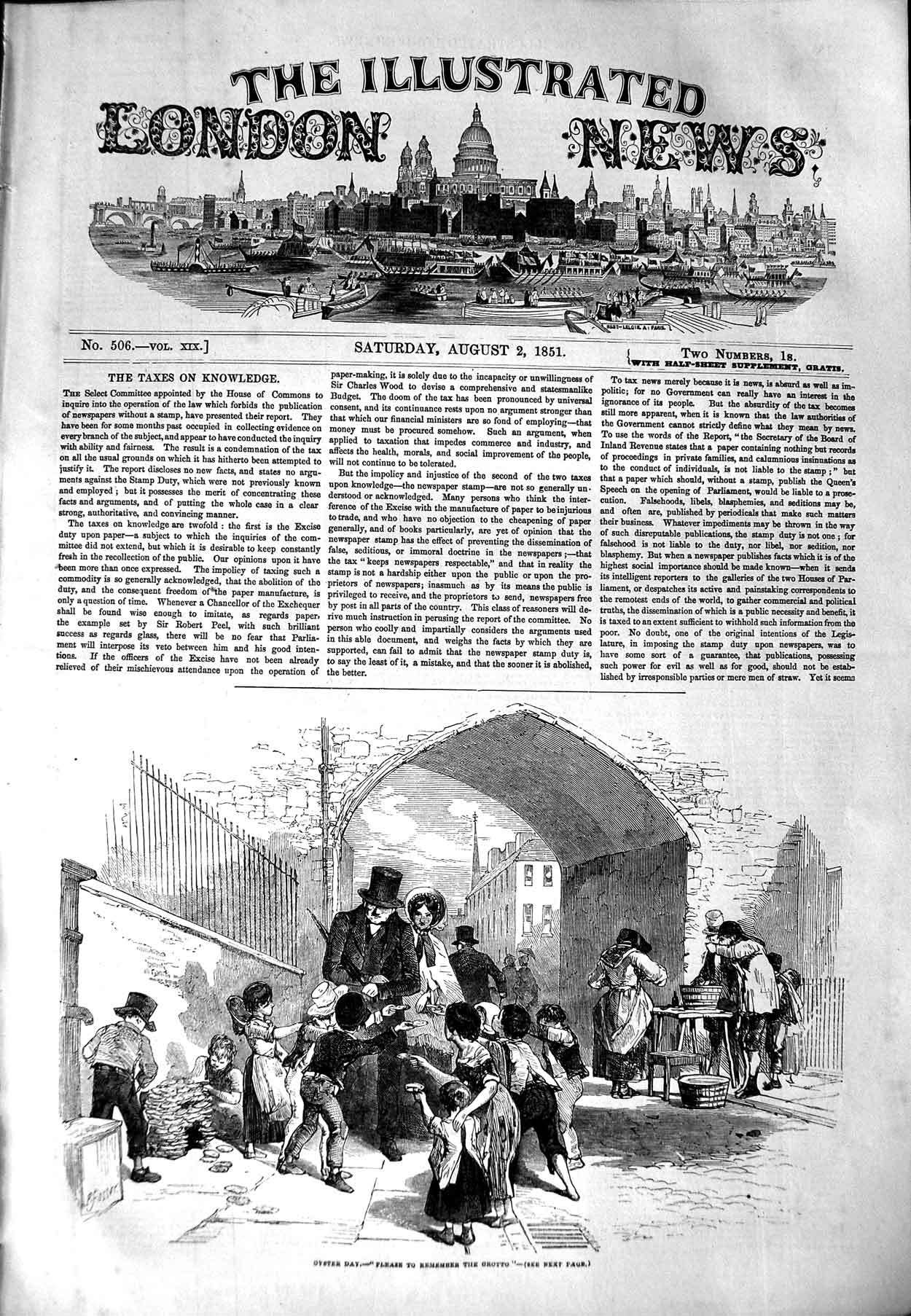 Original Old Antique Print 1851 Oyster Day Grotto Children Street Scene 19th