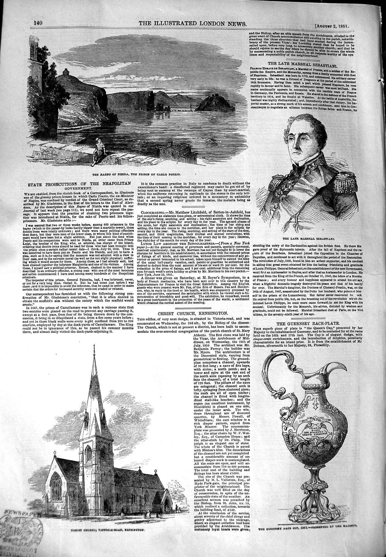 Old Antique Print 1851 Bango Nisida Prison Carlo Poerio Church Kensington 19th