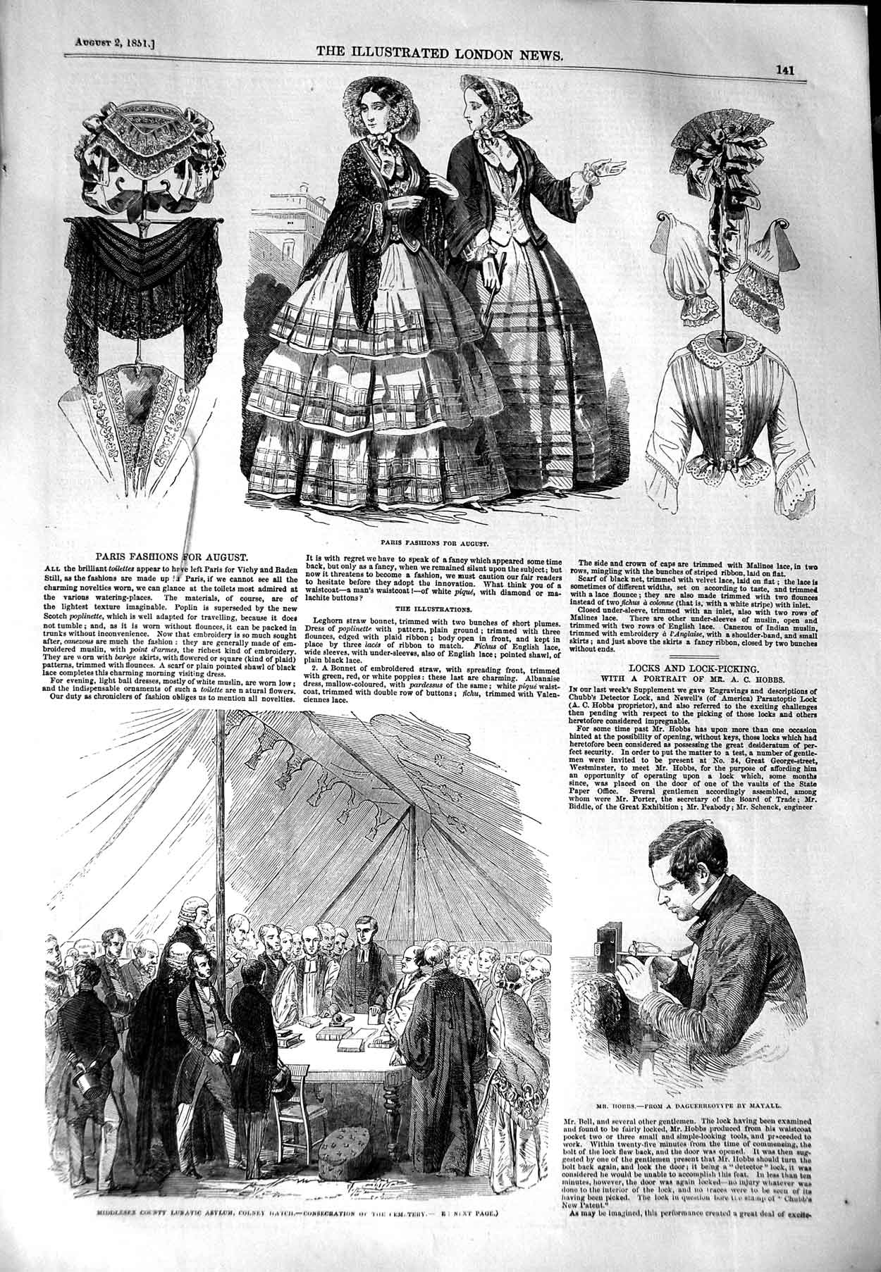 Original Old Antique Print 1851 Hobbs Paris Fashion Lunatic Asylum Colney Hatch