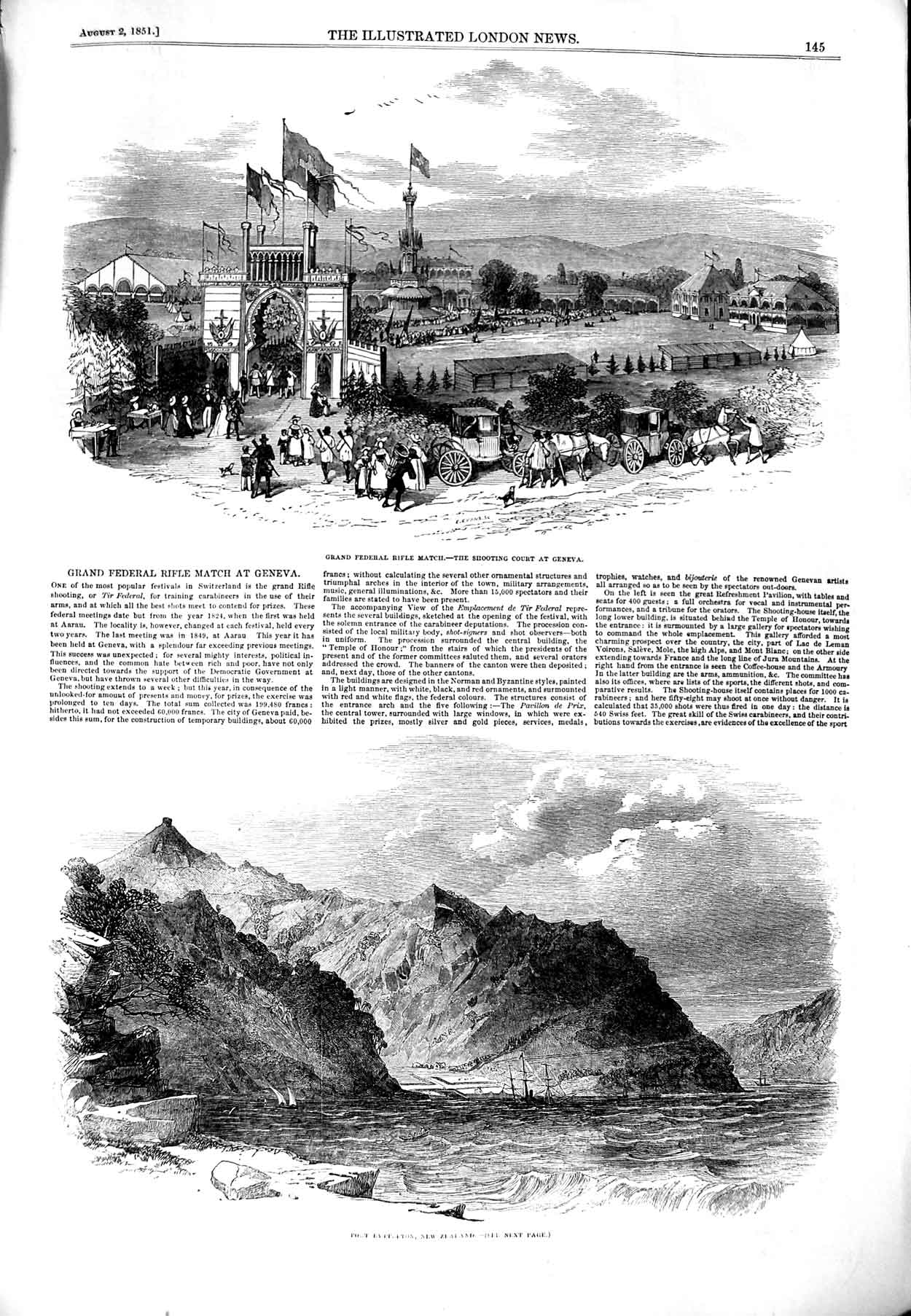 Old Antique Print 1851 Ferderal Rifle Match Geneva New Zealand Lyttelton 19th