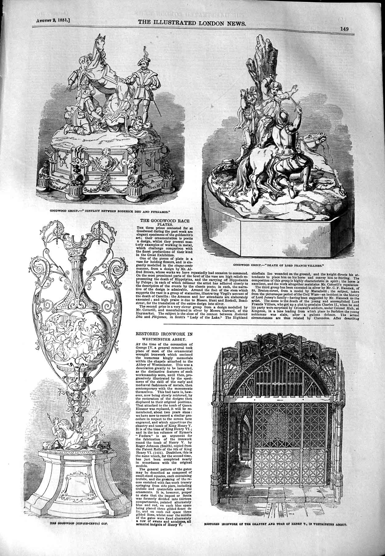 Original Old Antique Print 1851 Goodwood Group Cup Ironwork Westminste Victorian