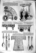 Old Antique Print 1851 Brass Curtain Cornice Spoons Priests Cope Cutlery 19th