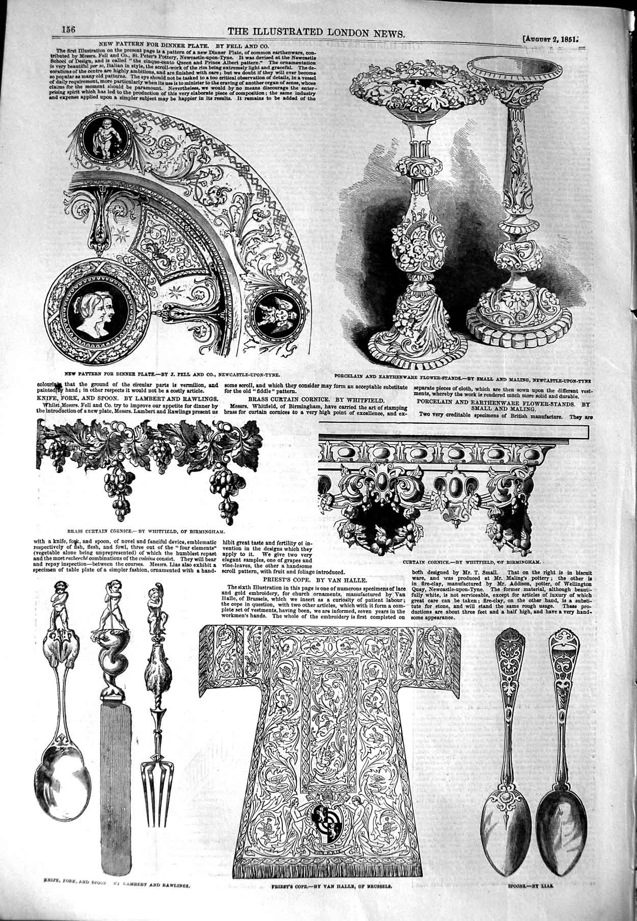 Old Antique Print 1851 Brass Curtain Cornice Spoons Priests Cope Cutlery 19th