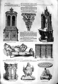 Original Old Antique Print 1851 Walnut-Wood Cabinet Furniture Couch Pr Victorian