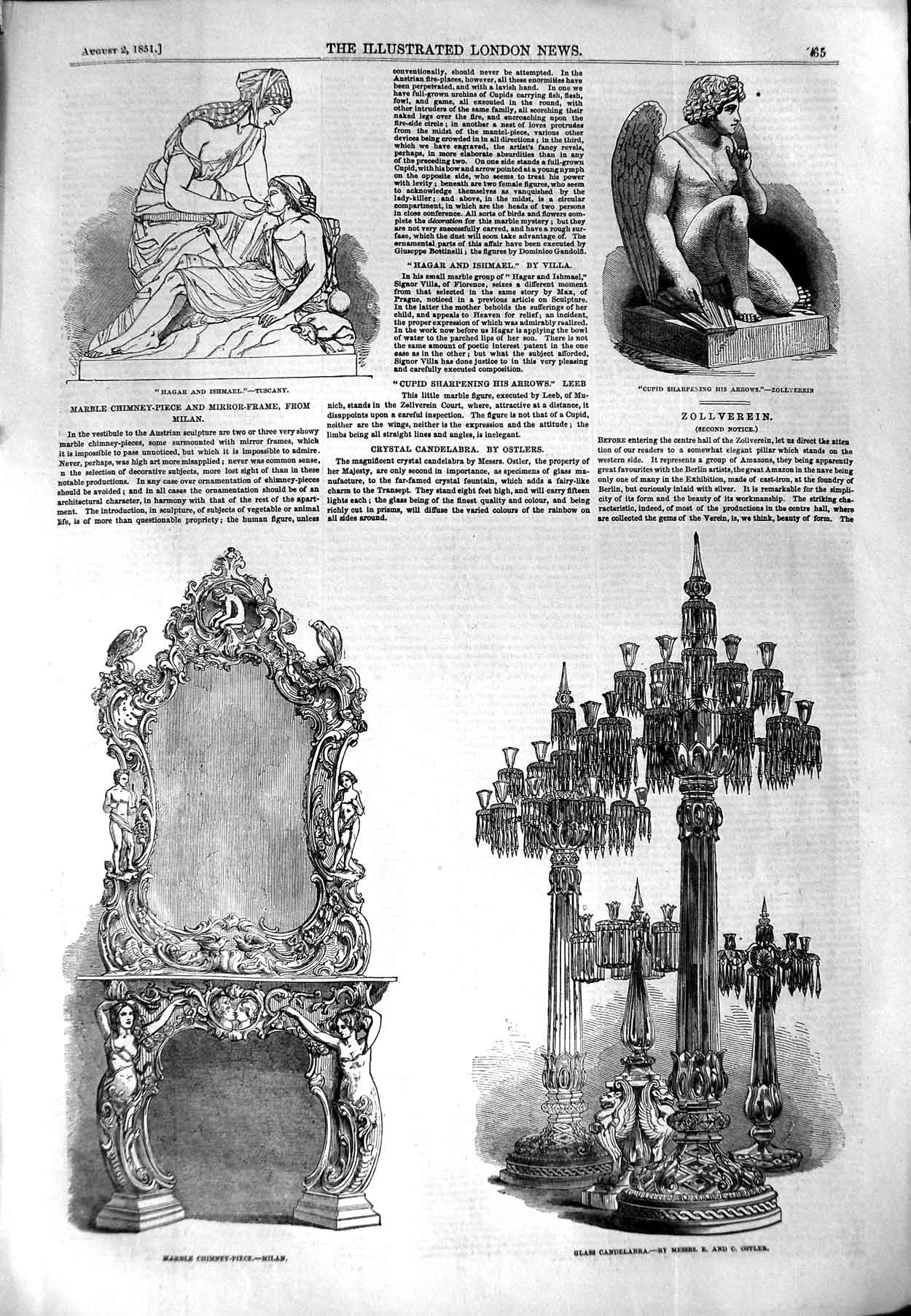 Old Antique Print 1851 Marble Chimney-Piece Milan Cupid Sculpture Hagar 19th
