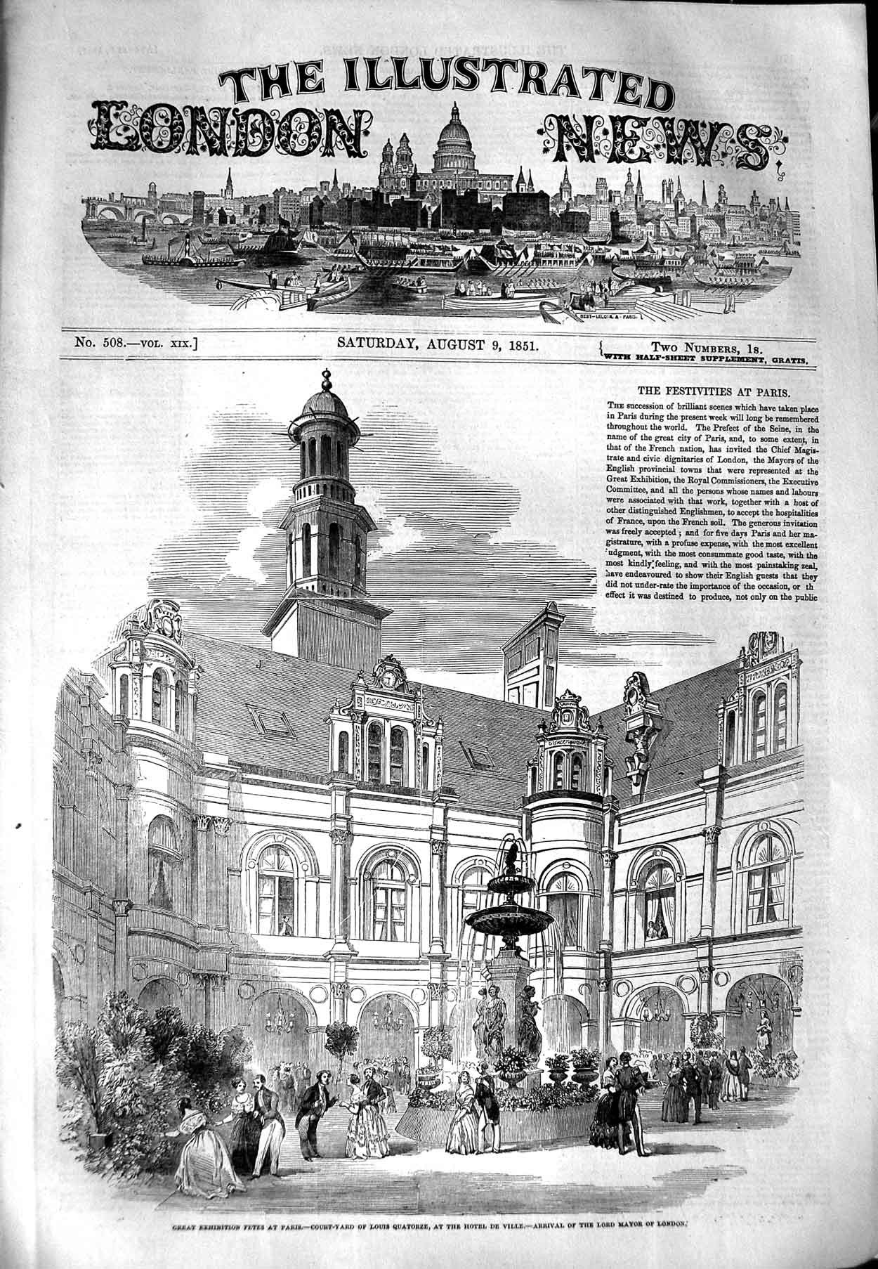 Original Old Antique Print 1851 Court Yard Louis Quatorze Hotel De Ville Mayor