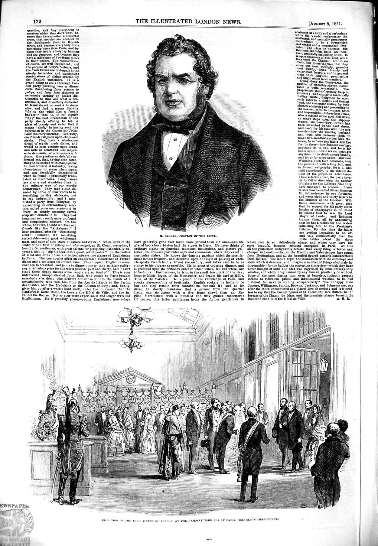 Original Old Antique Print 1851 Berger Prefect Seine Mayor London Railway Paris