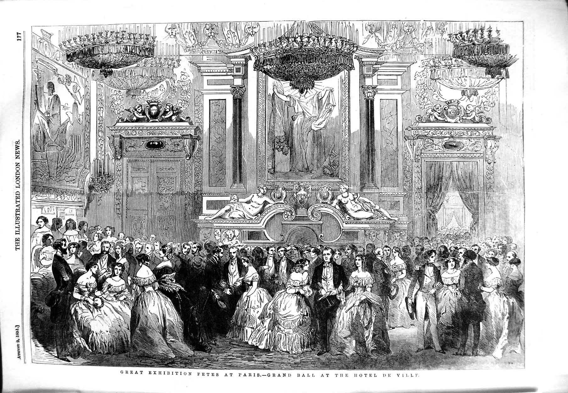 Old Antique Print 1851 Great Exhibition Fete Paris Grand Ball Hotel Ville 19th
