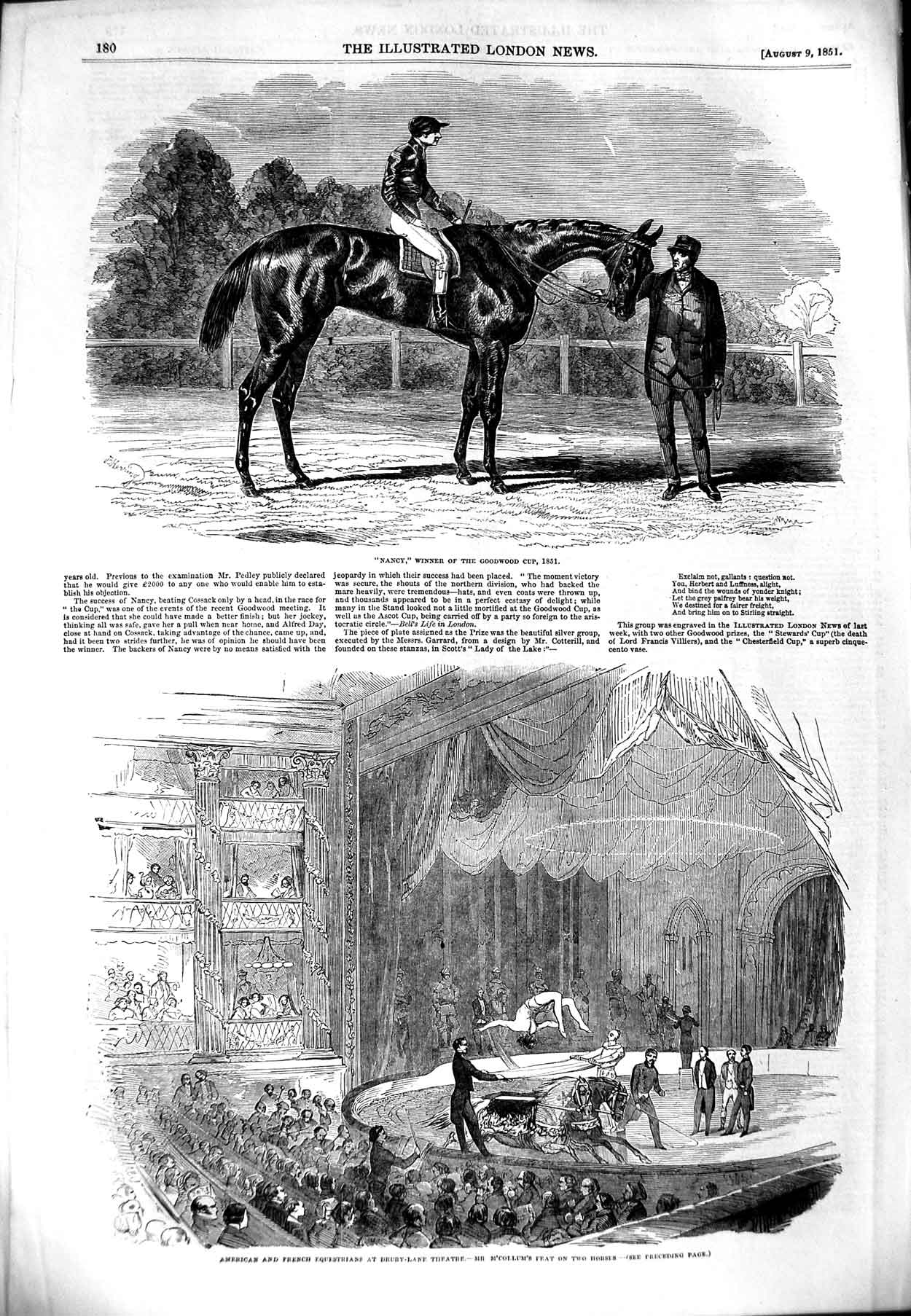 Original Old Antique Print 1851 Nancy Horse Goodwood Cup Sport Drury Victorian