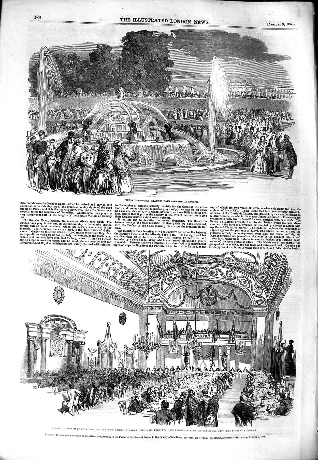 Old Antique Print 1851 Versailles Grandes Eaux Dinner Joseph Paxton Derby 19th