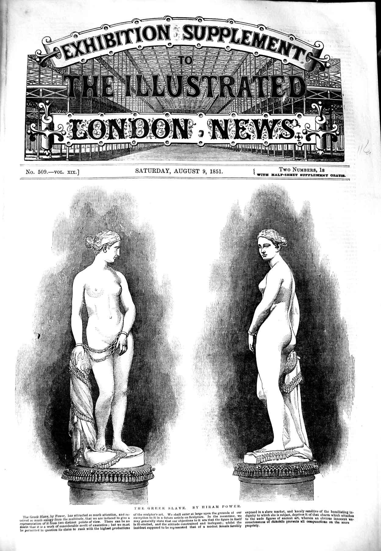 Original Old Antique Print 1851 Gree Slave Women Ladies Statue Hira Victorian