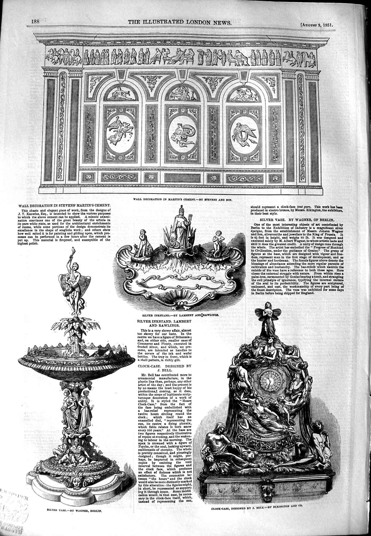 Original Old Antique Print 1851 Wall Decoration Martin'S Cement Silver Inkstand