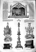 Old Antique Print 1851 Elizabethan Fire-Place Candelabrum Pianoforte Vase 19th