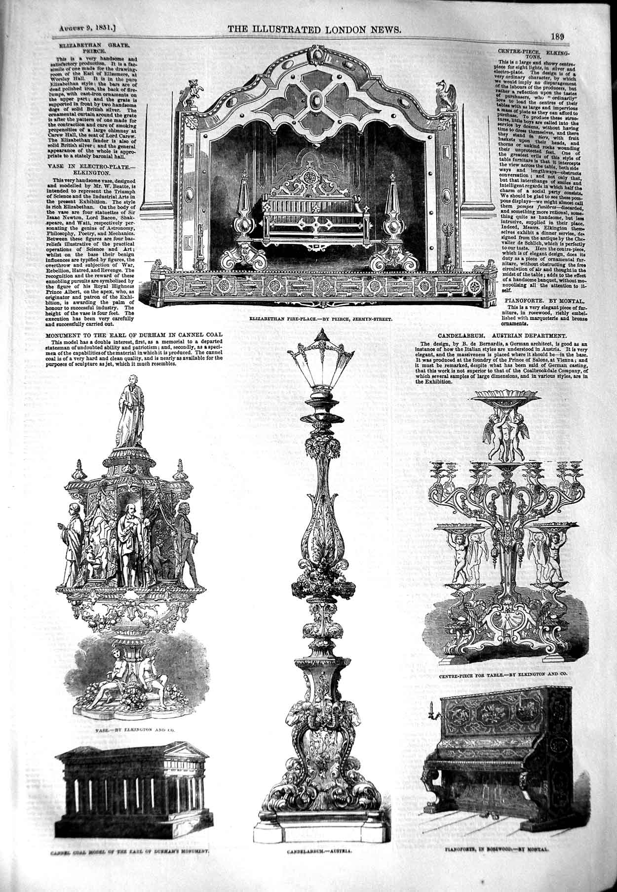 Old Antique Print 1851 Elizabethan Fire-Place Candelabrum Pianoforte Vase 19th