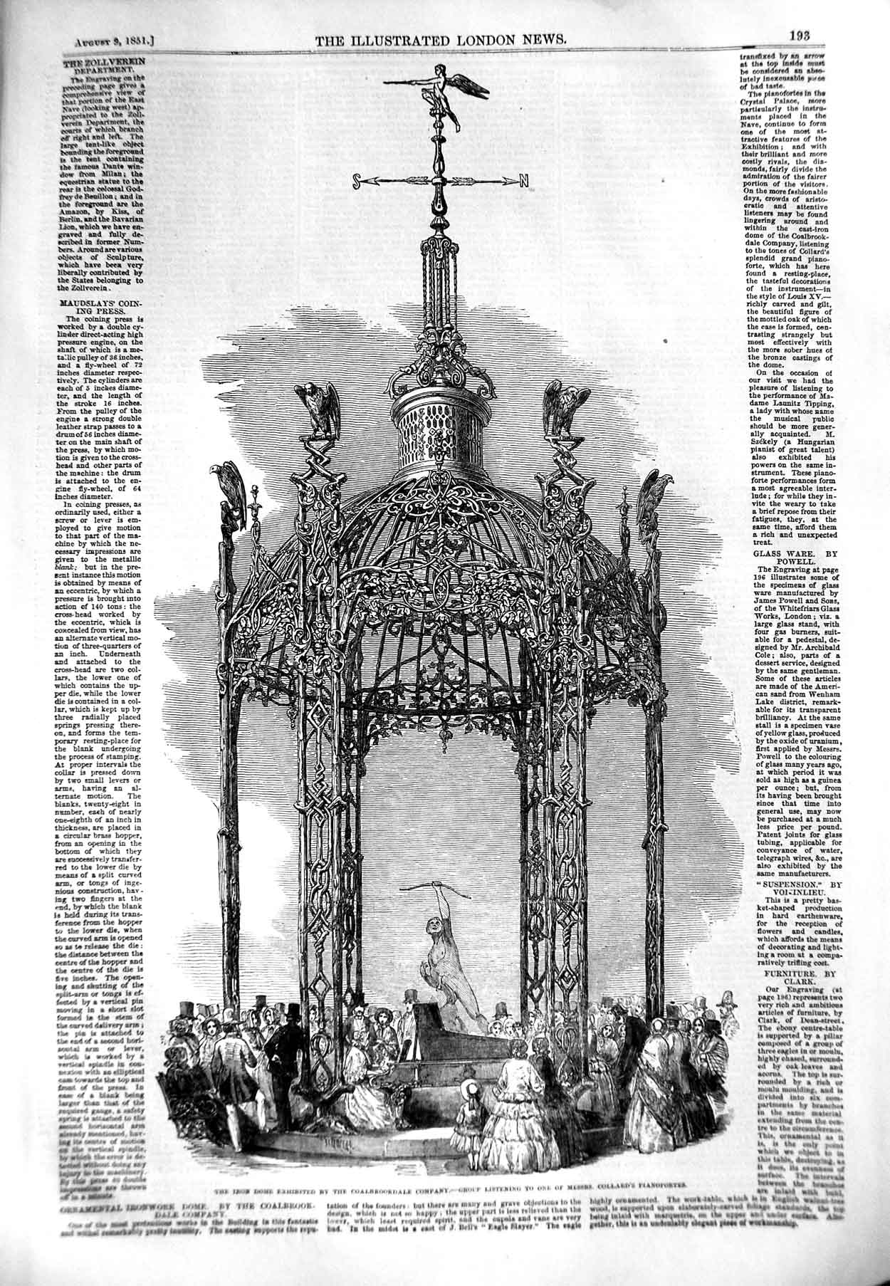 Original Old Antique Print 1851 Iron Dome Coalbrookdale Company Collard Pia 19th