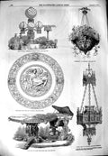 Old Antique Print 1851 Furniture Soho Church Lamp Glass Rose-Water Dish 19th