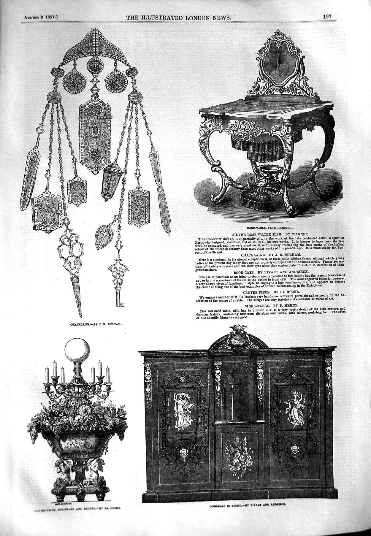 Original Old Antique Print 1851 Furniture Work-Table Hamburgh Book-Case Ebony